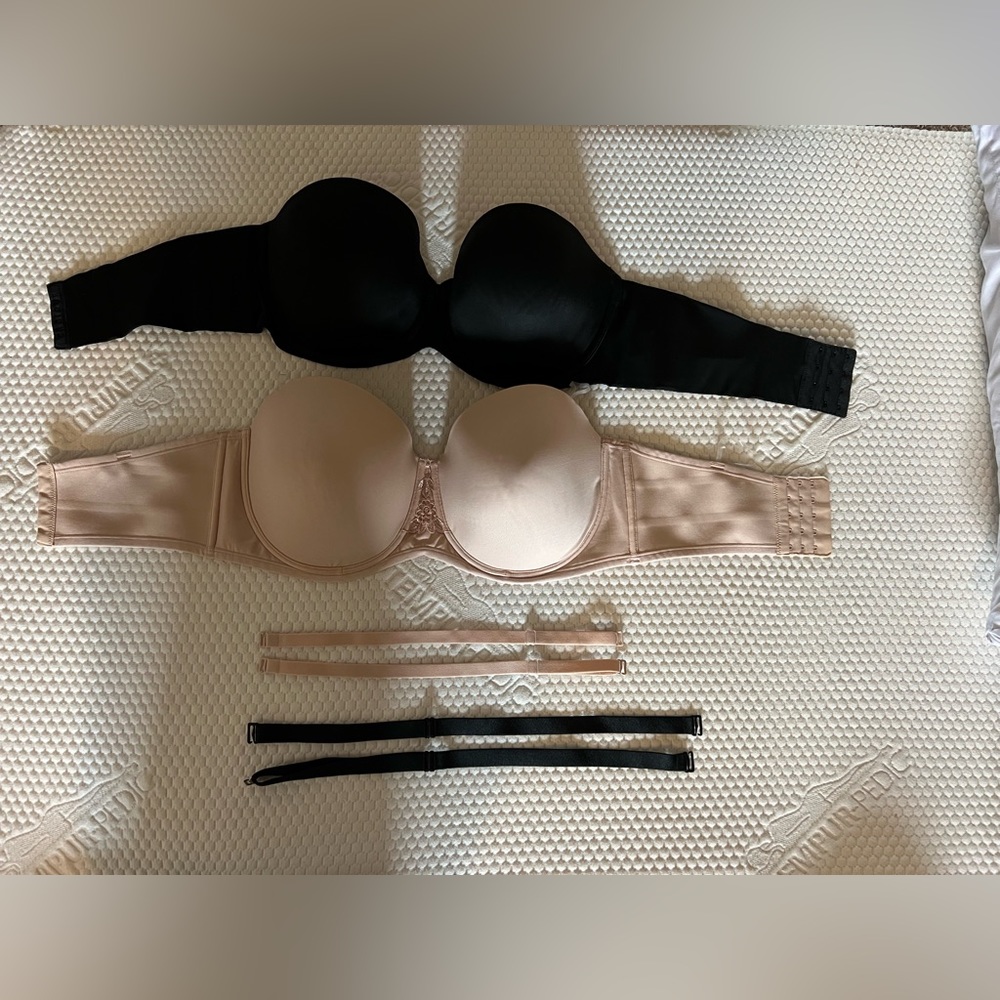 2 strapless bras size 40DD vanity fair beige bra and cacique black bra